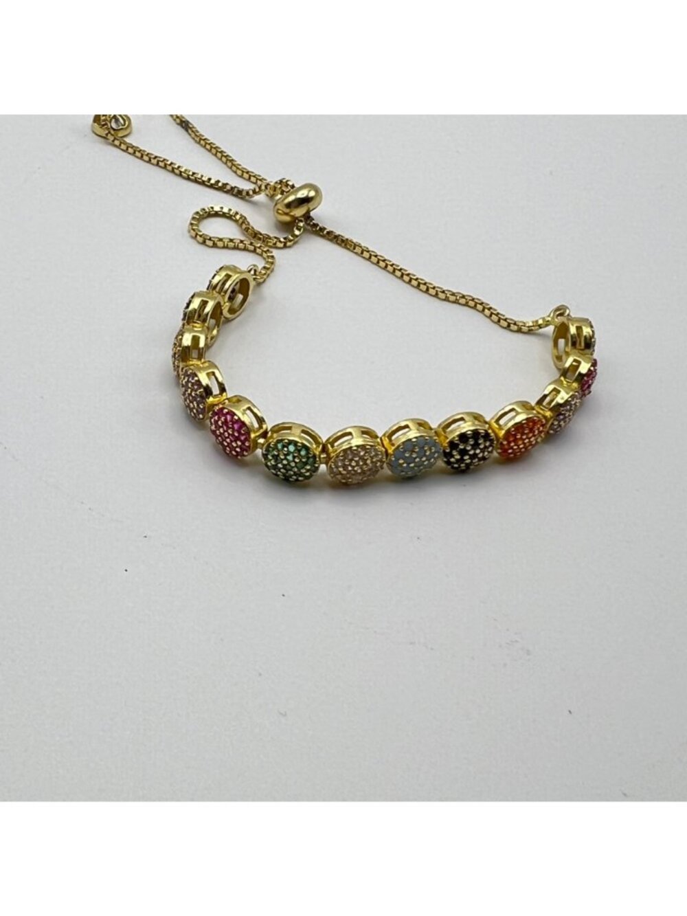 Rainbow Pave Crystal Bracelet Adjustable Bolo Gold Tone Multicolor Glam 5-9.25" - Picture 6 of 9